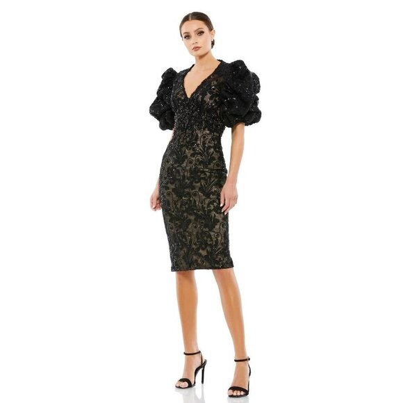 Mac Duggal Black EMBELLISHED PUFF SLEEVE V NECK DRESS Knee Length 12440 Sz 4 NWT - Picture 1 of 7